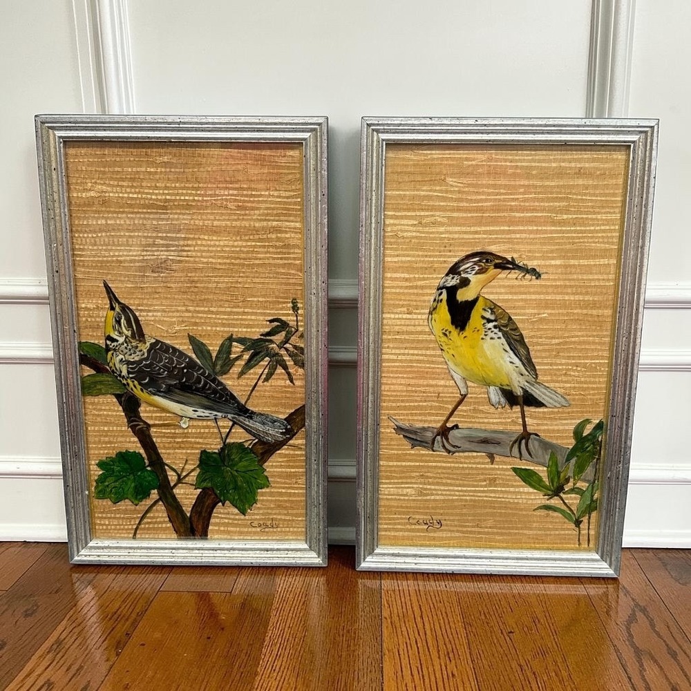 VTG Signed Coady Hand Painted Feather Bird Art Set Meadowlarks Grasscloth Framed